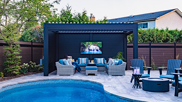 outdoor pergola with tv and privacy wall photo # 349